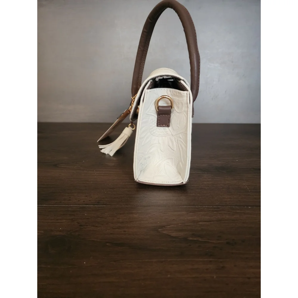 Off White Dark Brown Sunflower Embossed Tooled Artisan LEATHER Crossbody Purse